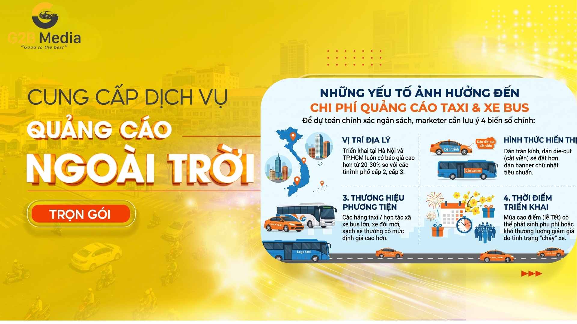 Các yếu tố ảnh hưởng đến báo giá quảng cáo taxi và xe bus.